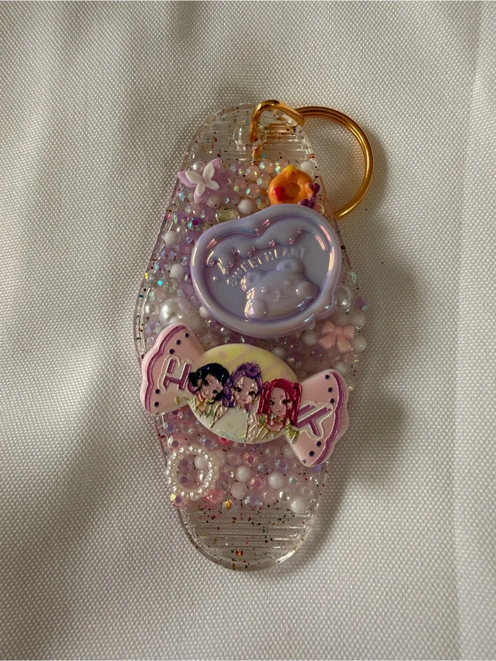 Kids Glitter Pink Pearl K Pop Kawaii Keychain Charm with Pastel Accents